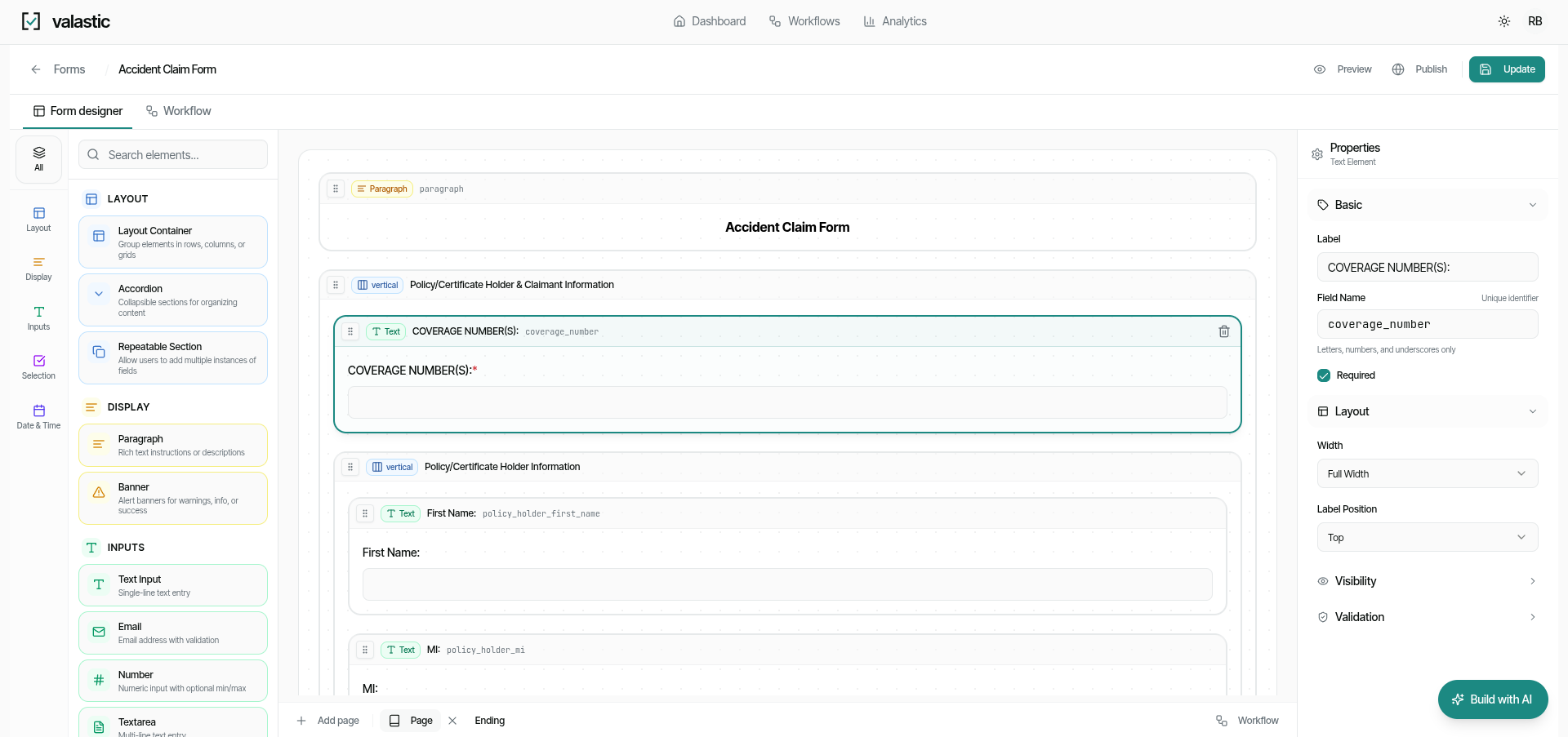Valastic form designer showing an AI-built vendor onboarding form